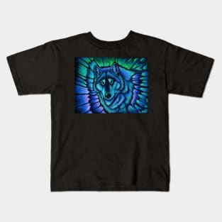 Colorful Blue Fantasy Wolf Aurora Kids T-Shirt